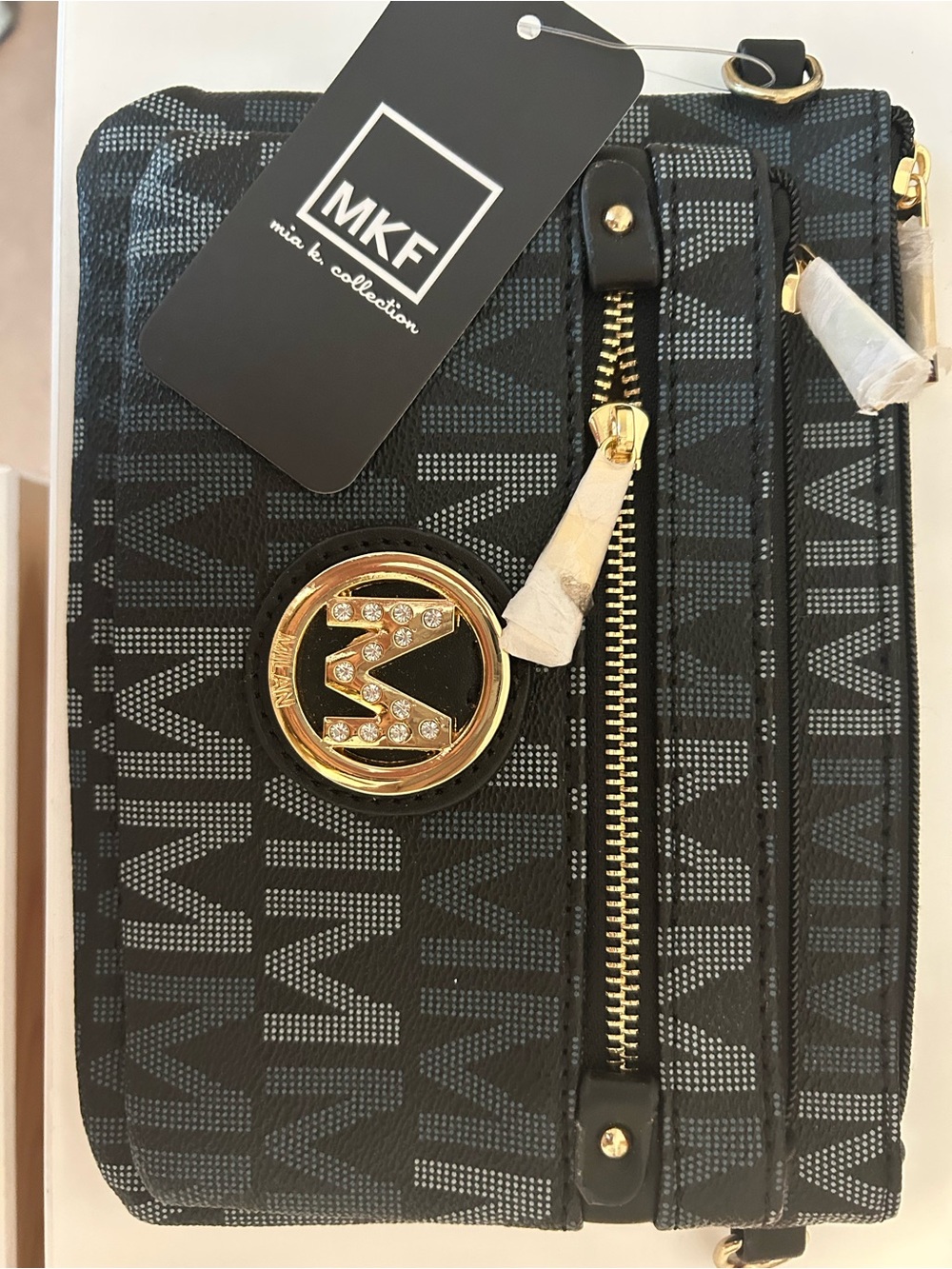 MKF Black Logo Crossbody Bag with Gold Accent